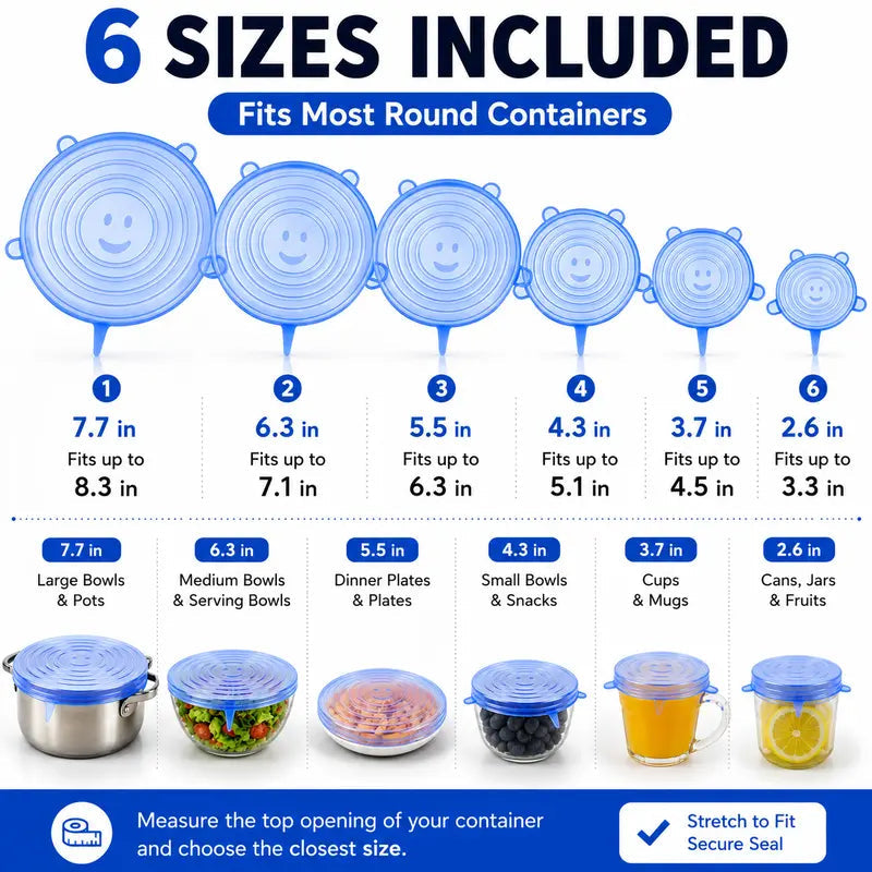 🥗6-Pack Reusable Silicone Stretch Lids - Airtight & BPA Free Food Covers