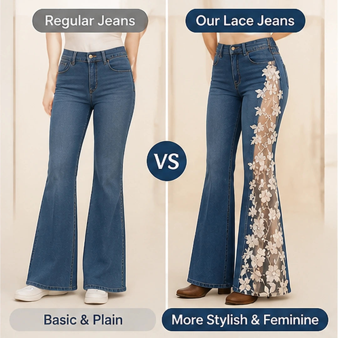 🌸 Women's Floral Lace Panel Flare Jeans – Flattering Western-Inspired Denim