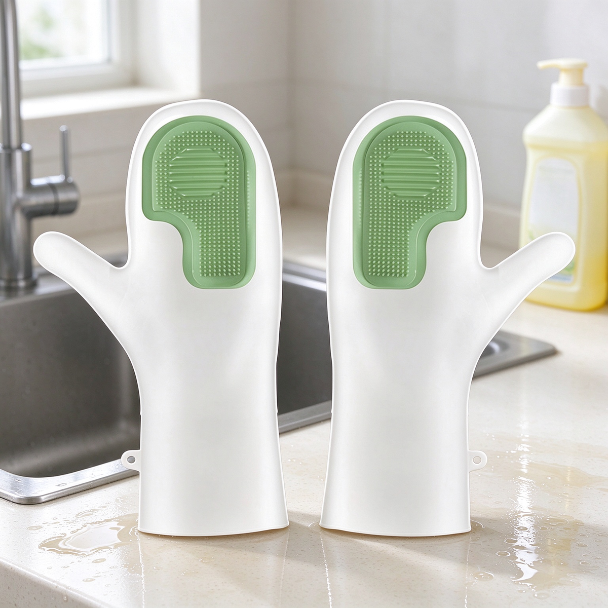 Dishwashing Gloves with Built-In Silicone Scrubber
