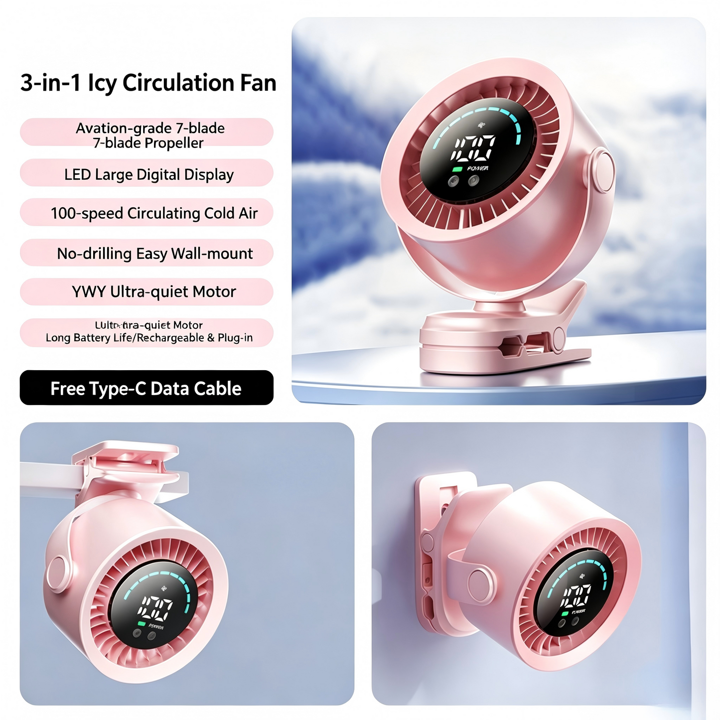Portable 4000mAh Rechargeable Clip-On Fan