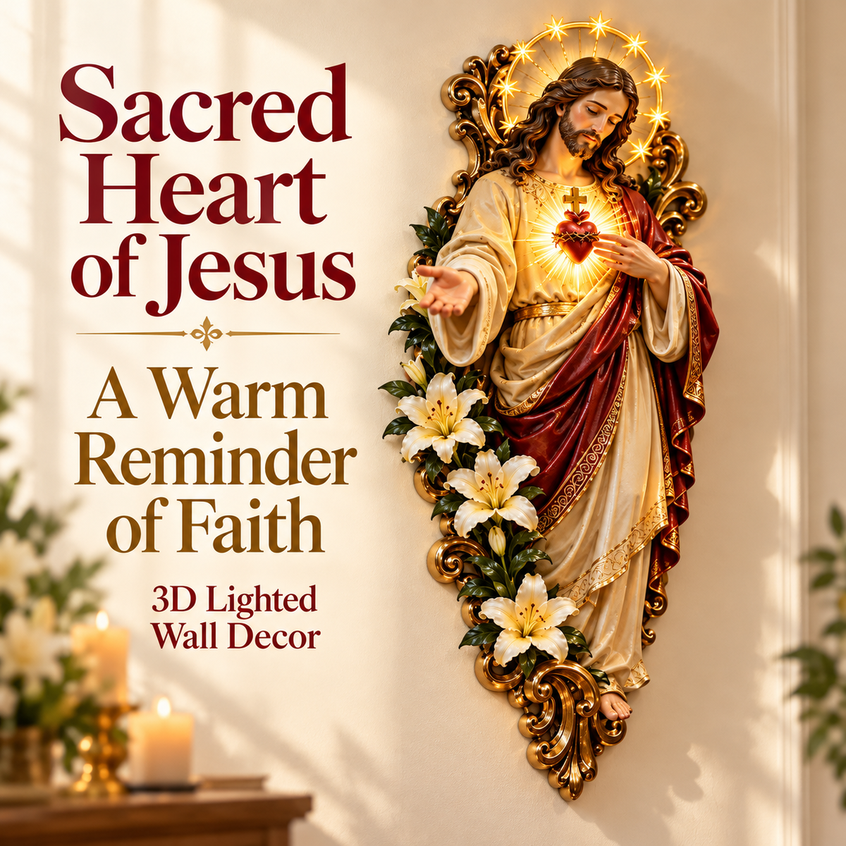 LED Sacred Heart of Jesus Wall Decor – Warm Illuminated Religious Art