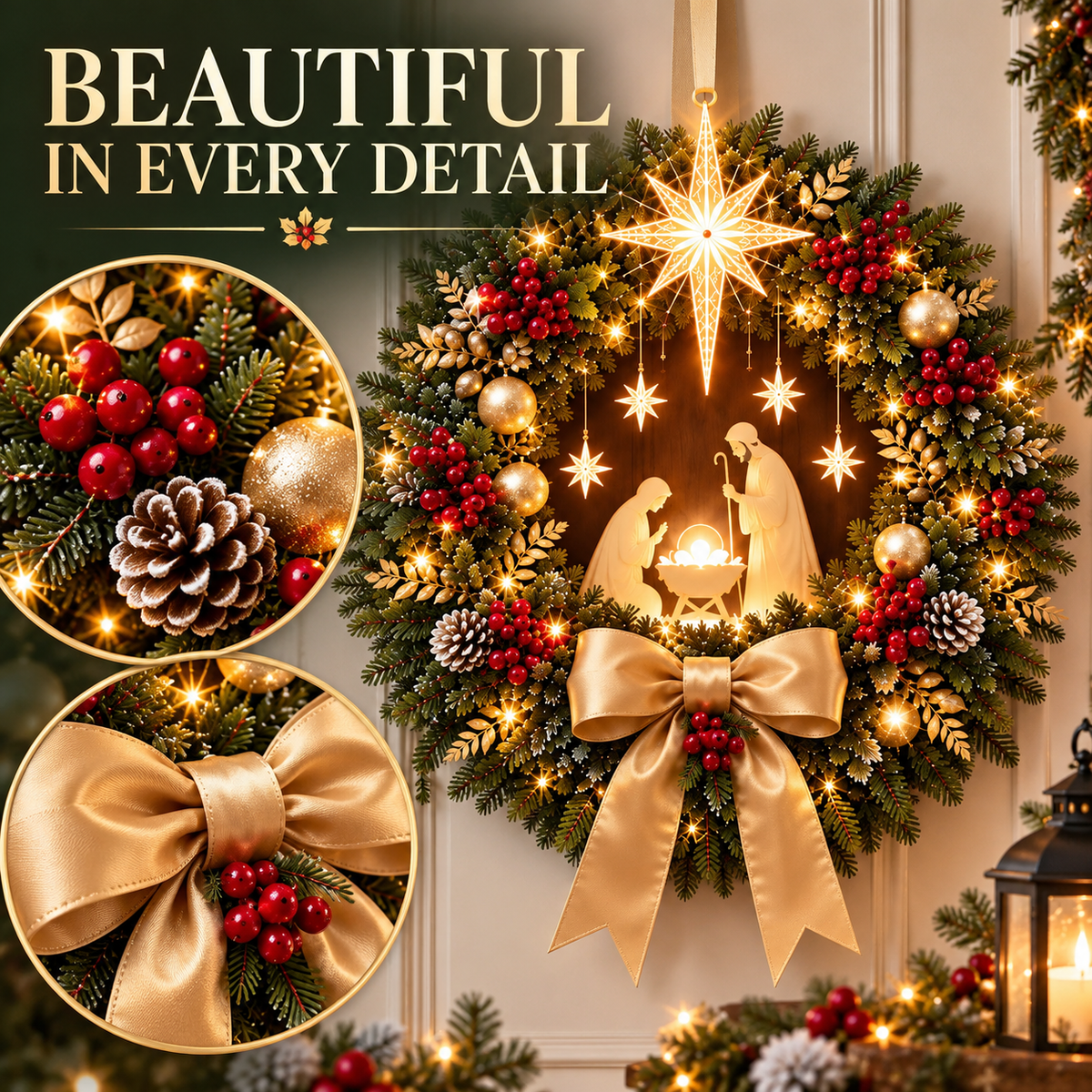 Lighted Nativity Christmas Wreath with Star and Gold Bow