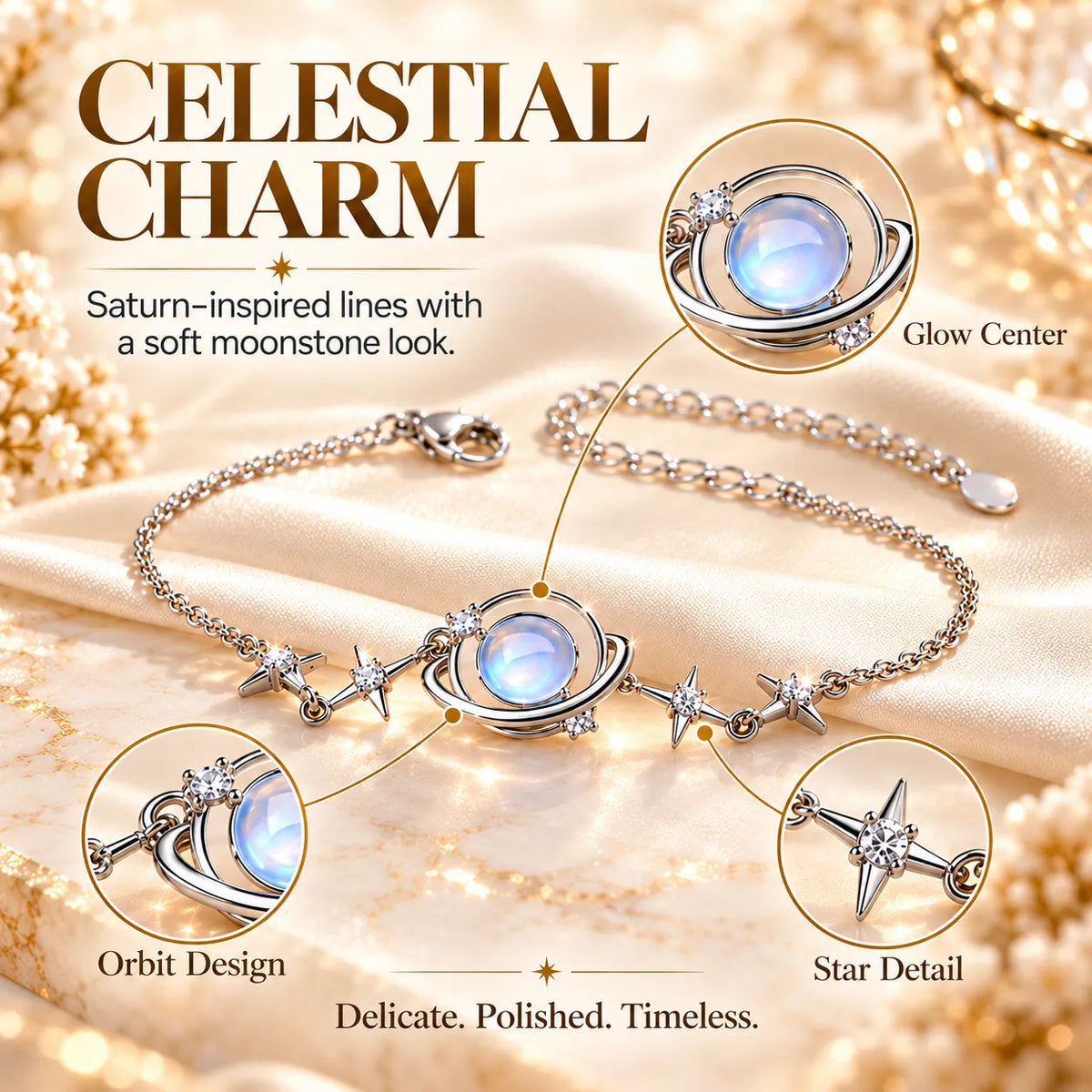 ✨ Saturn Moonstone-Inspired Bracelet – Celestial Star Jewelry Gift for Her