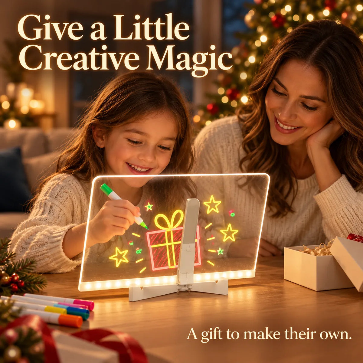 🎨 LED Light-Up Drawing Board for Kids – Reusable Clear Doodle Board with Colorful Markers & Adjustable Stand ✨