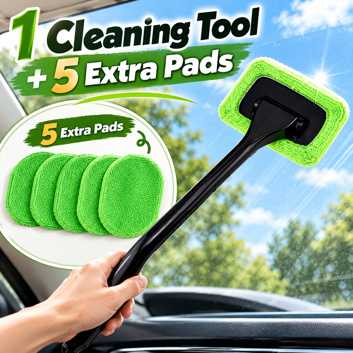 🚗 Long-Handle Car Window Cleaning Brush – 180° Rotating Head & Reusable Microfiber Pad