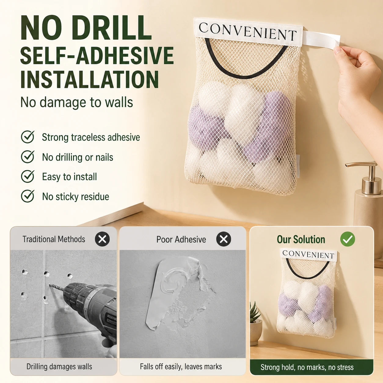 No-Drill Hanging Mesh Storage Bag | Adhesive Wall Organizer