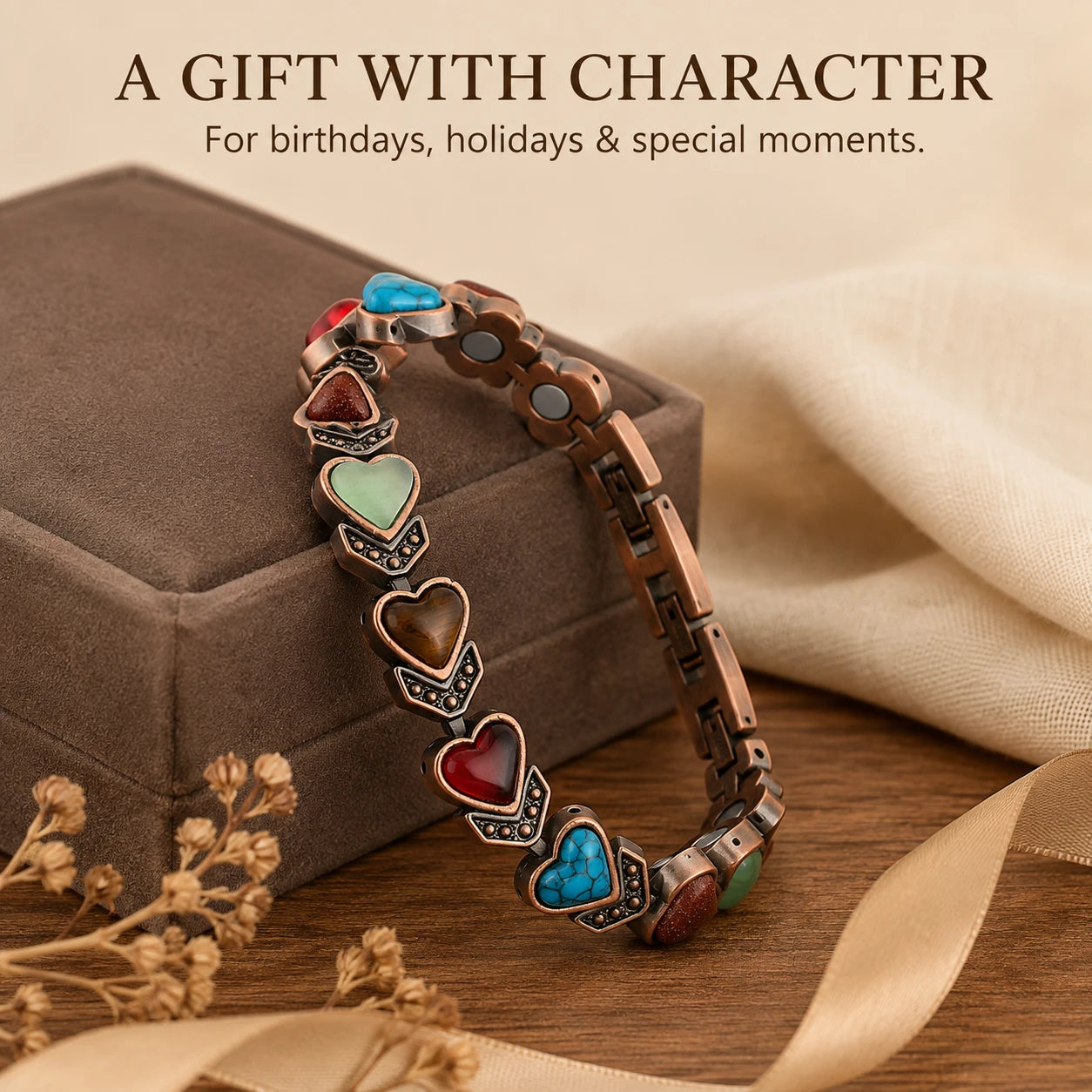 Pure Copper Magnetic Bracelet with Heart Turquoise | Wellness Jewelry