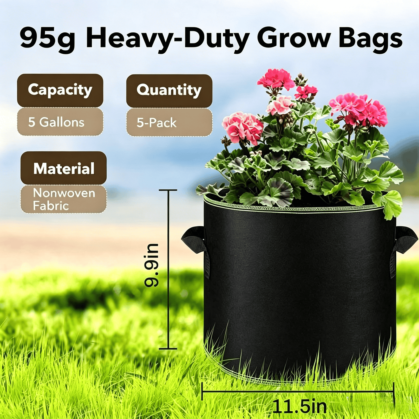🌱 5-Pack 5 Gallon Grow Bags 🪴 Heavy Duty Fabric Pots