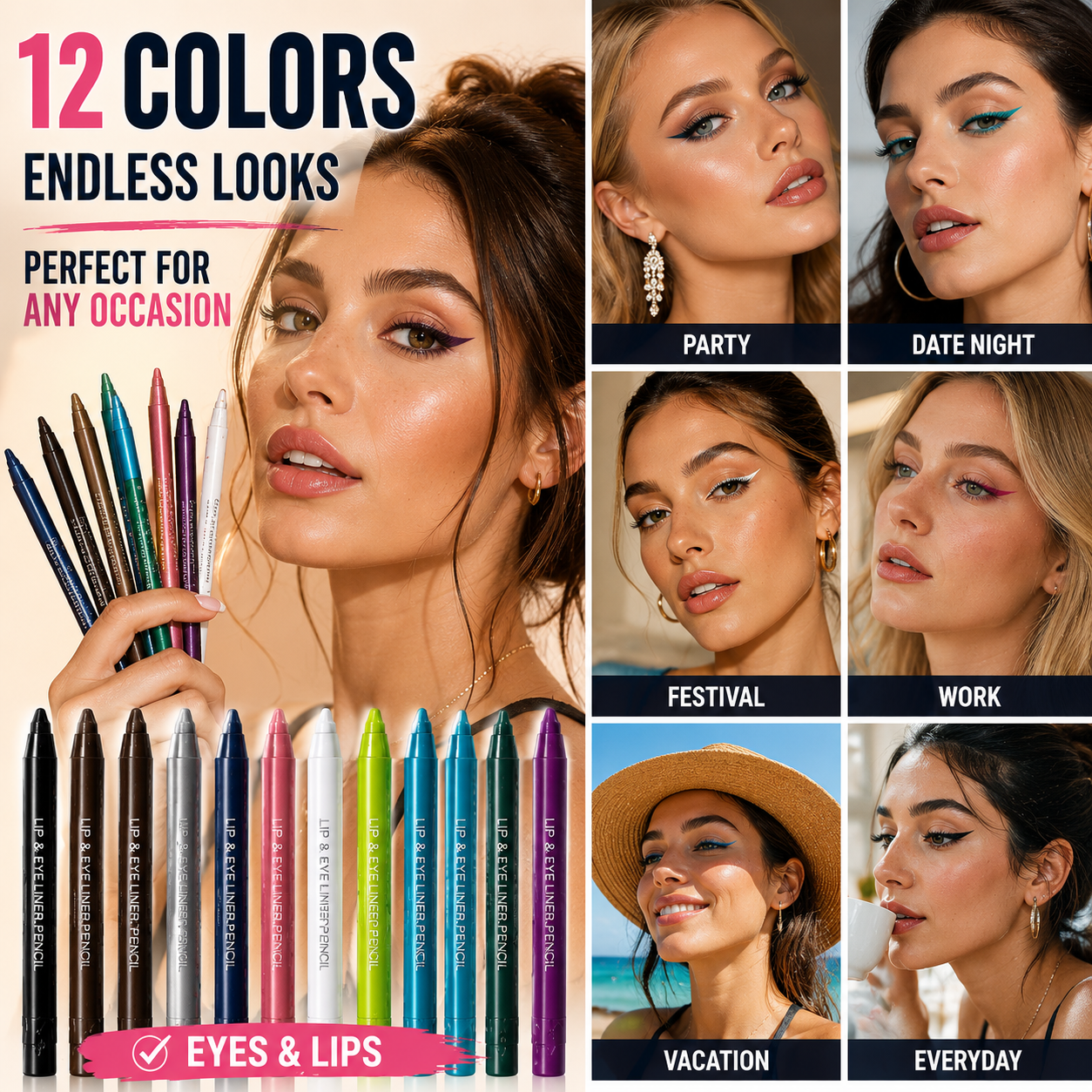 All-Day Flawless: 12-Color Waterproof Gel Eyeliner Pencil Set