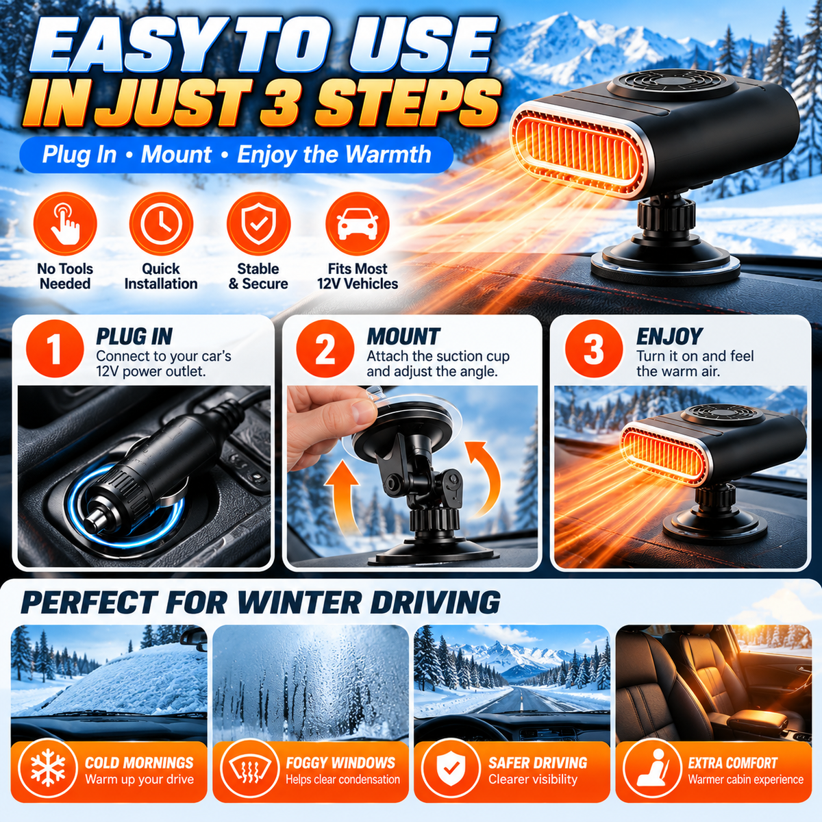 🚗 12V Portable Car Heater & Windshield Defogger – Convenient Warm Air for Chilly Drives ❄️