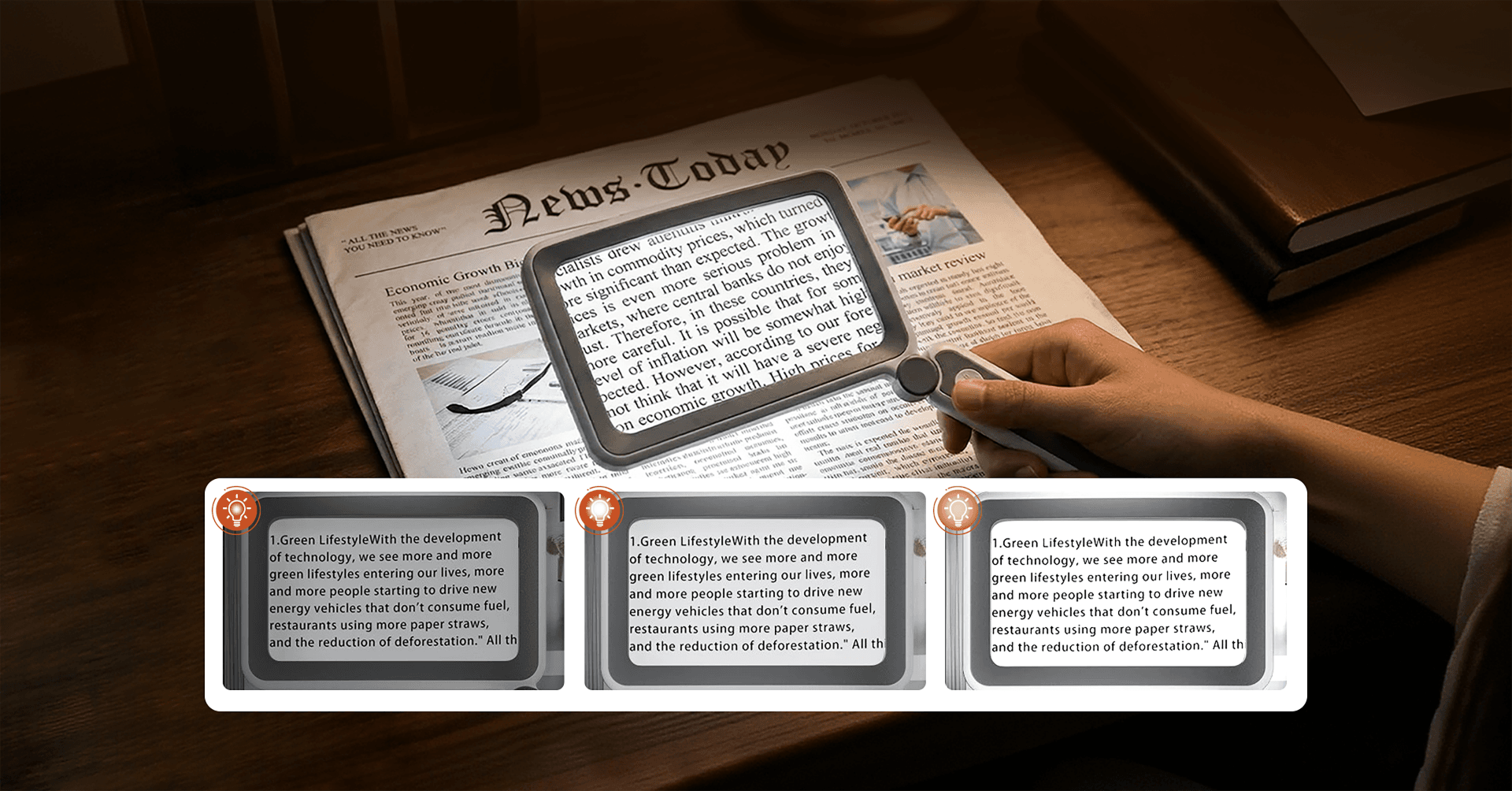 Illuminated magnifying glass with three brightness levels