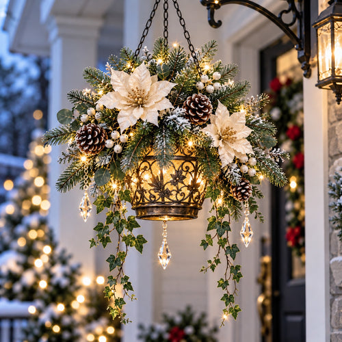 🎄✨ Light-Up Christmas Hanging Flower Basket – Pre-Lit Winter Floral Arrangement for Porch & Holiday Home Decor ❄️