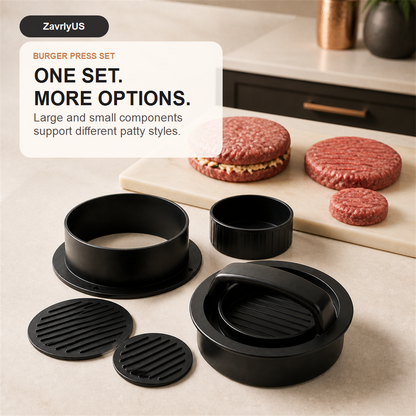 Large and small components of the ZavrlyUS burger patty press set