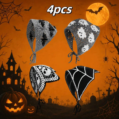 ⭐ The Ultimate Spooky Season Fashion Accessory: 4-Pack Boho Crochet Halloween Triangle Headscarf Set 🎃👻
