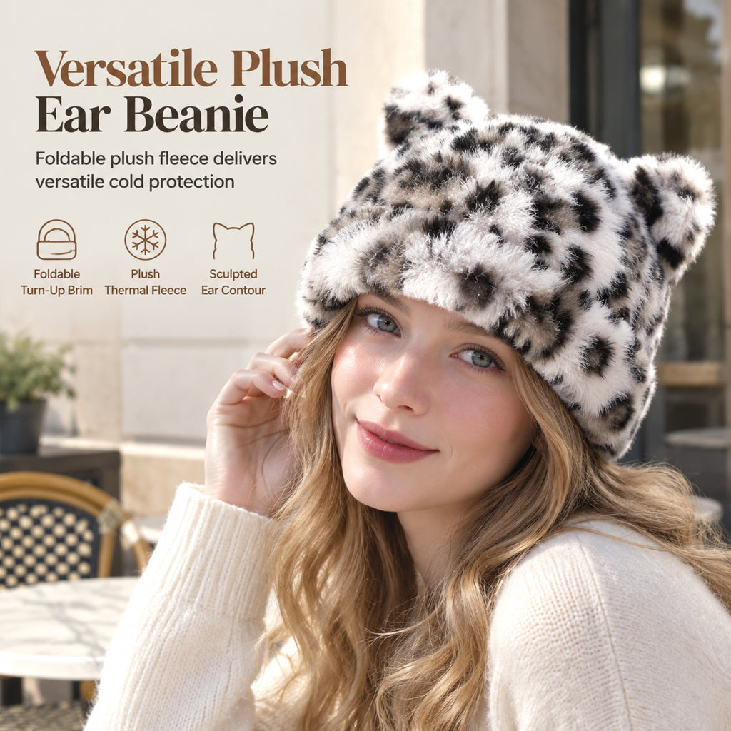 🐻 Fluffy Leopard Print Beanie Hat – Cozy Faux Fur Winter Hat with Cute Bear Ears