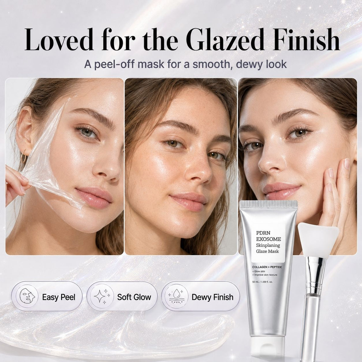 🔥 Instant Glass Skin! PDRN Exosome Peel-Off Glaze Mask with Silicone Brush 💎