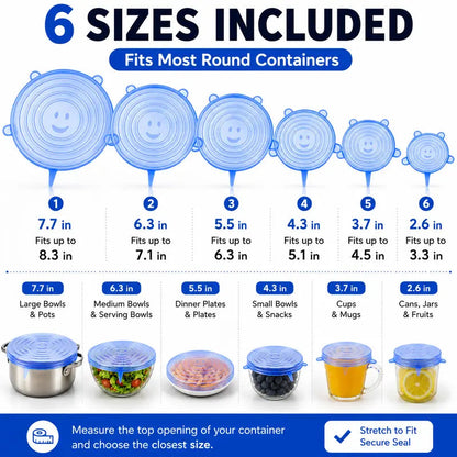 🥗6-Pack Reusable Silicone Stretch Lids - Airtight & BPA Free Food Covers