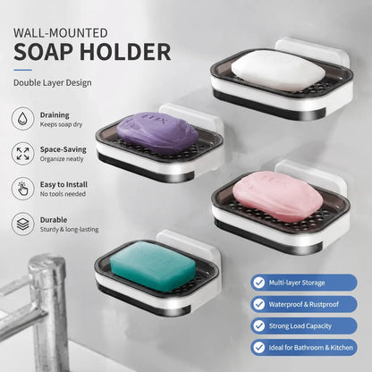 ✨ Wall-Mounted Soap Dish with Drain Tray – No-Drill Bathroom & Kitchen Organizer
