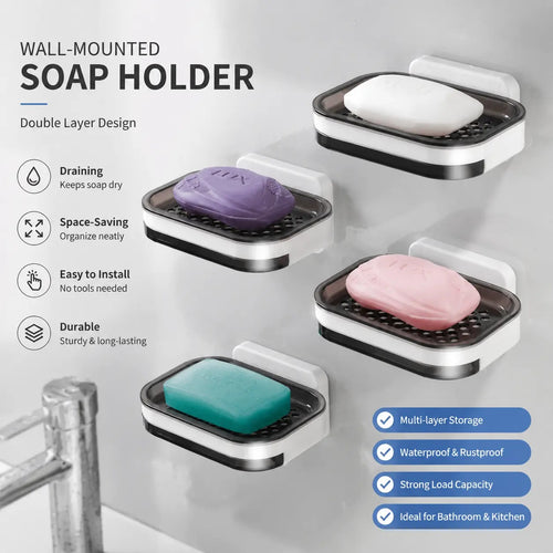 ✨ Wall-Mounted Soap Dish with Drain Tray – No-Drill Bathroom & Kitchen Organizer