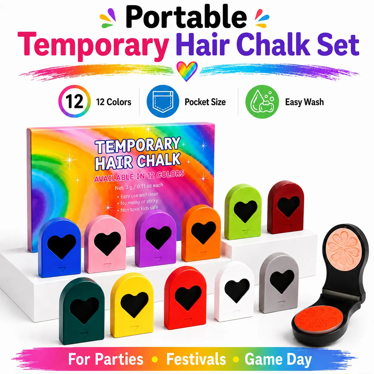 🌈 12-Color Temporary Hair Chalk Set – Bright Highlights in Minutes ✨