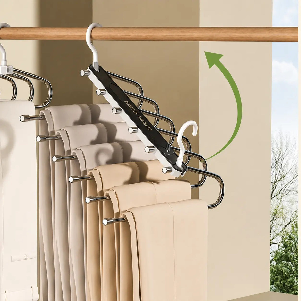 6-tier space saving pants hanger holding multiple trousers