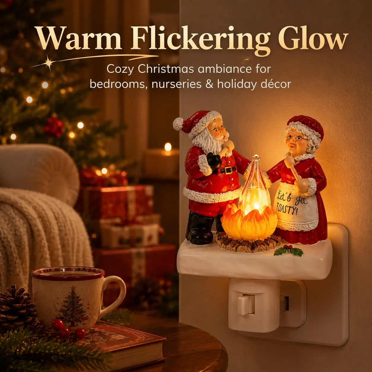 Santa and Mrs. Claus plug-in Christmas night light with warm flickering glow