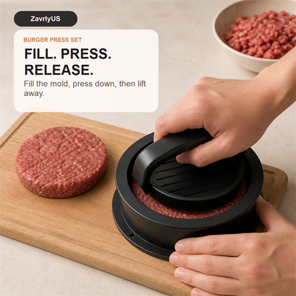 Hands using the handled burger press inside the round mold