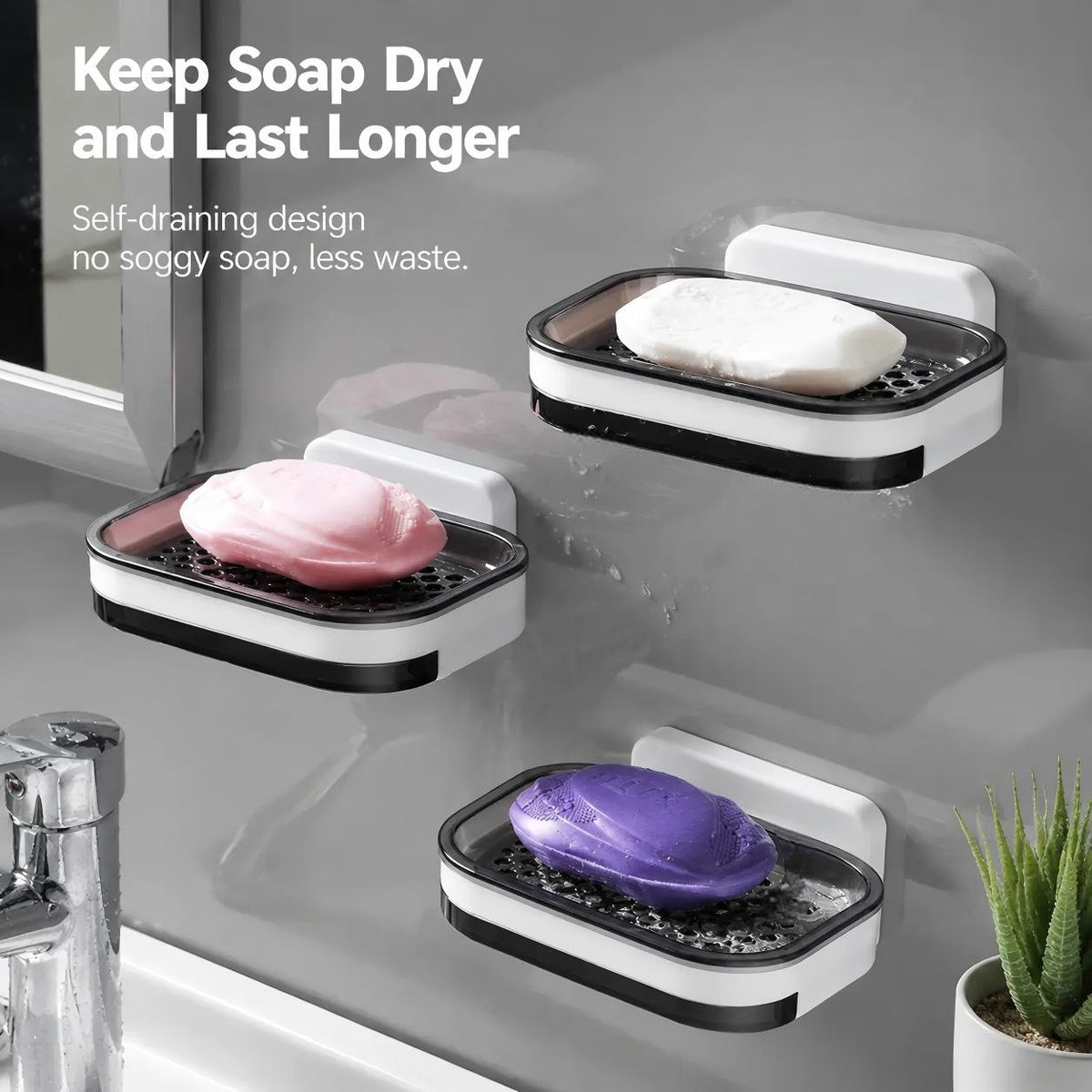 ✨ Wall-Mounted Soap Dish with Drain Tray – No-Drill Bathroom & Kitchen Organizer