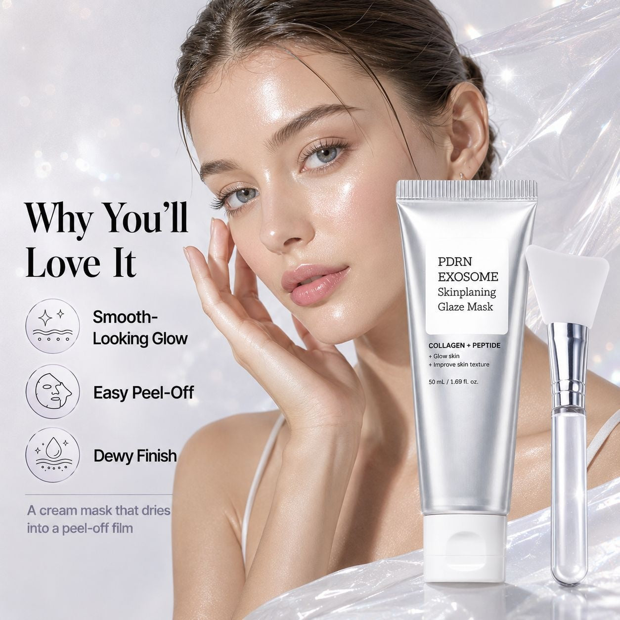 🔥 Instant Glass Skin! PDRN Exosome Peel-Off Glaze Mask with Silicone Brush 💎