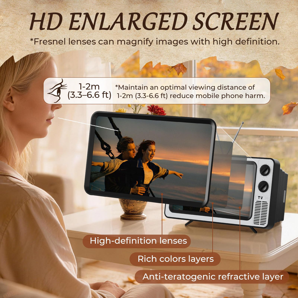 📺 Retro TV Phone Screen Magnifier – 12" Foldable 2–3X Enlarged Hands-Free Viewing Screen
