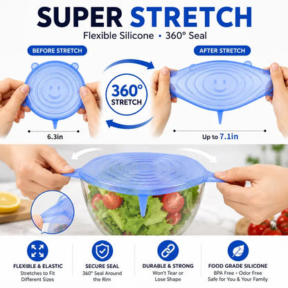 🥗6-Pack Reusable Silicone Stretch Lids - Airtight & BPA Free Food Covers