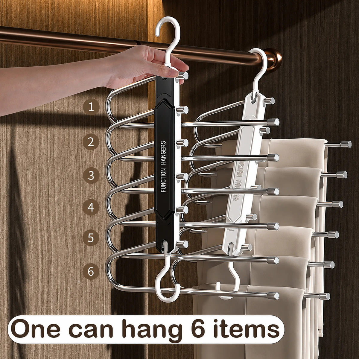 Six tier pants hanger holding six items