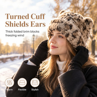 🐻 Fluffy Leopard Print Beanie Hat – Cozy Faux Fur Winter Hat with Cute Bear Ears