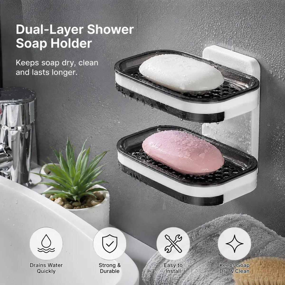 ✨ Wall-Mounted Soap Dish with Drain Tray – No-Drill Bathroom & Kitchen Organizer