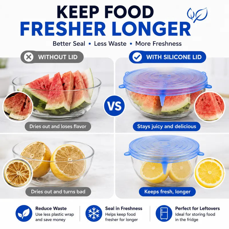 🥗6-Pack Reusable Silicone Stretch Lids - Airtight & BPA Free Food Covers