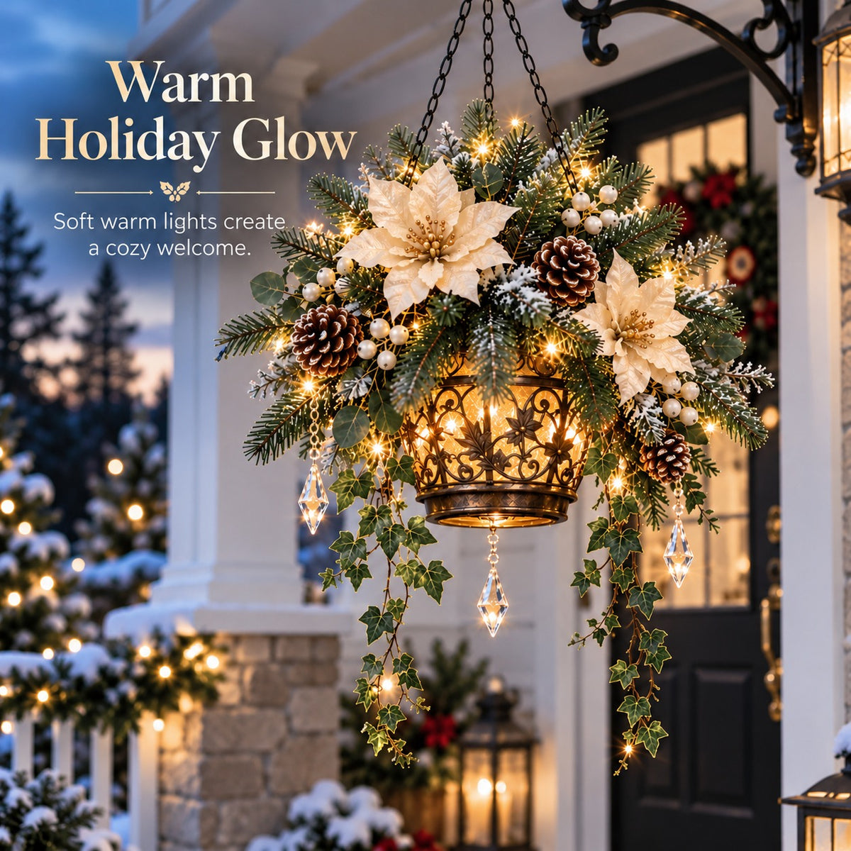 🎄✨ Light-Up Christmas Hanging Flower Basket – Pre-Lit Winter Floral Arrangement for Porch & Holiday Home Decor ❄️