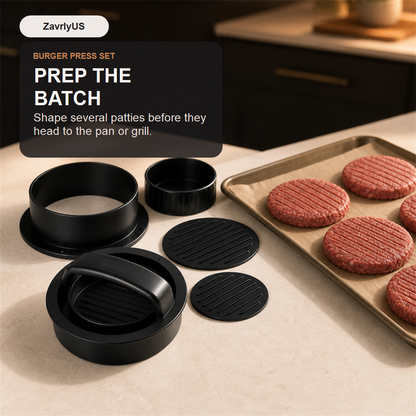 Burger press set beside a tray of prepared raw patties