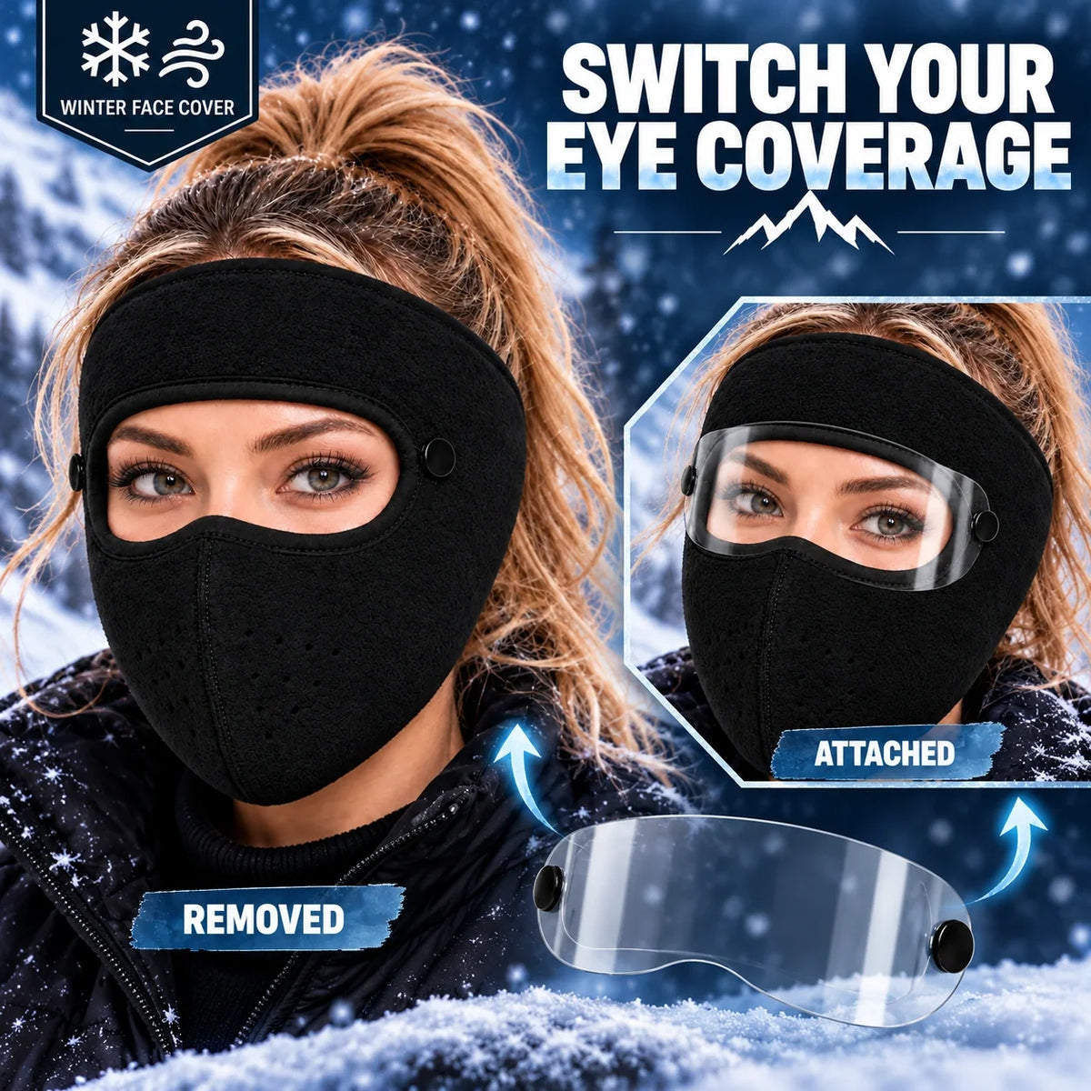 Winter Thermal Fleece Face Mask 2 Pack – Windproof Full Face Cover with Detachable Goggles