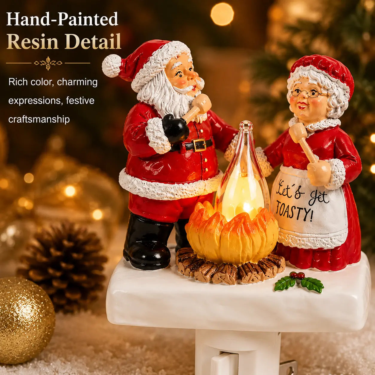 Hand-painted Santa and Mrs. Claus resin Christmas night light detail