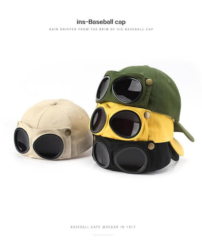 🧢Steampunk Aviator Baseball Cap with Flip-Up Goggles and Cat Ears🐱