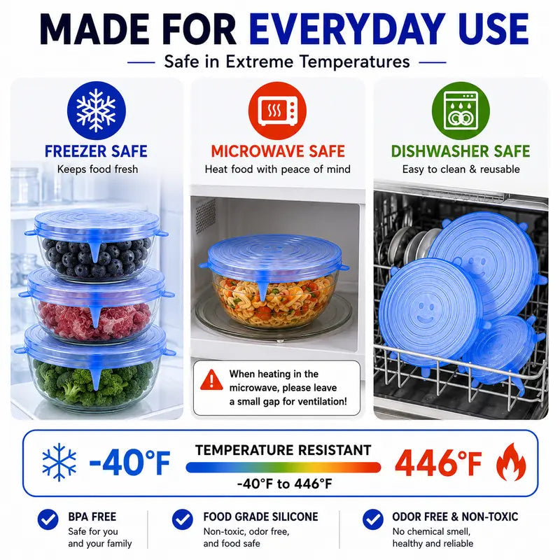 🥗6-Pack Reusable Silicone Stretch Lids - Airtight & BPA Free Food Covers