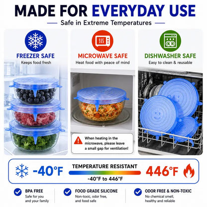 🥗6-Pack Reusable Silicone Stretch Lids - Airtight & BPA Free Food Covers