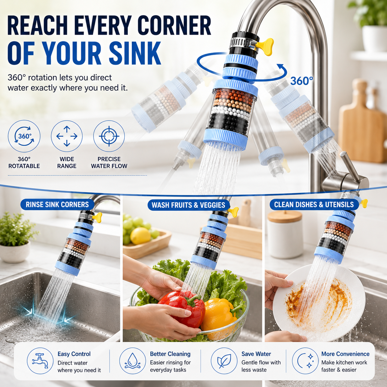 360° Rotating Faucet Water Filter (10 Extra Filters Included) – Anti-Splash Tap Purifier