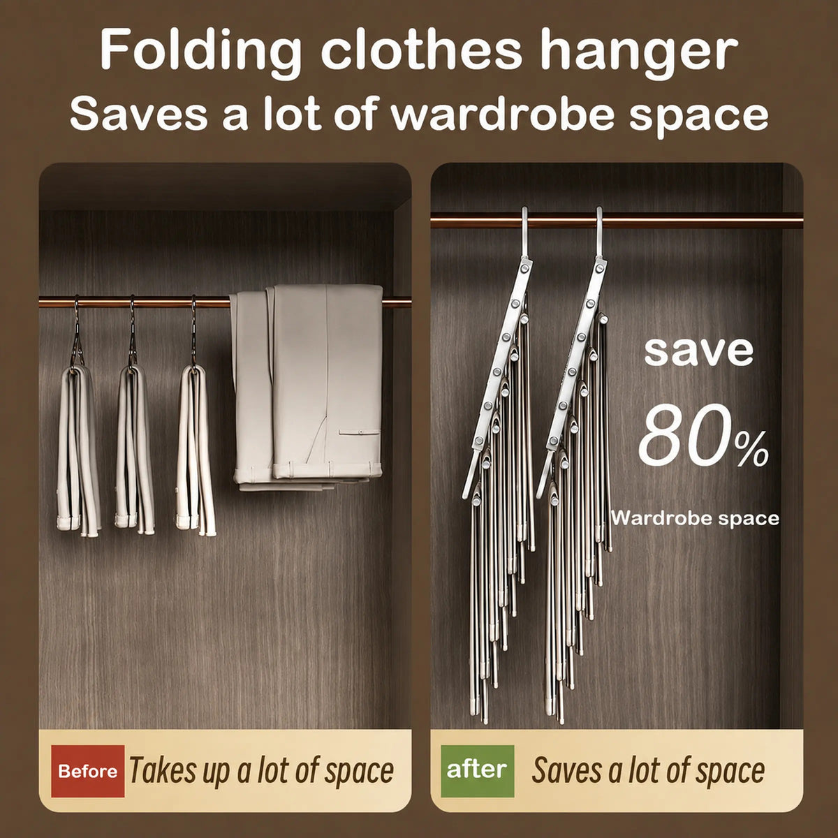 Before and after space saving pants hanger