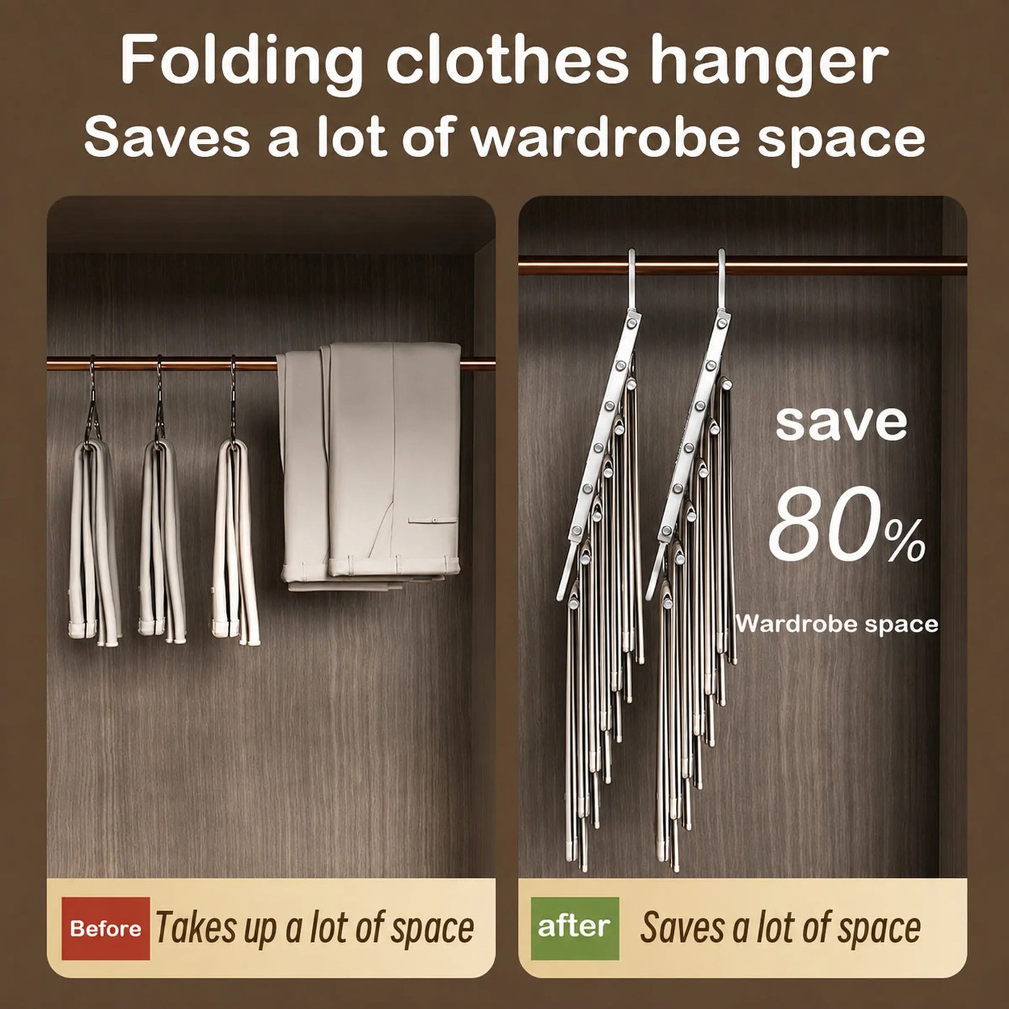 Before and after space saving pants hanger