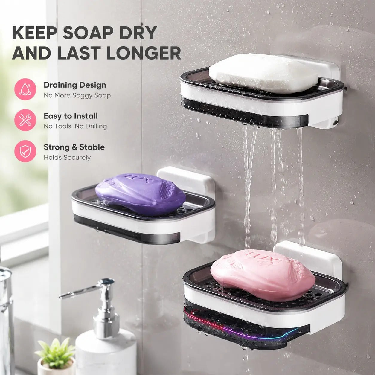 No drill adhesive wall mounted soap organizer