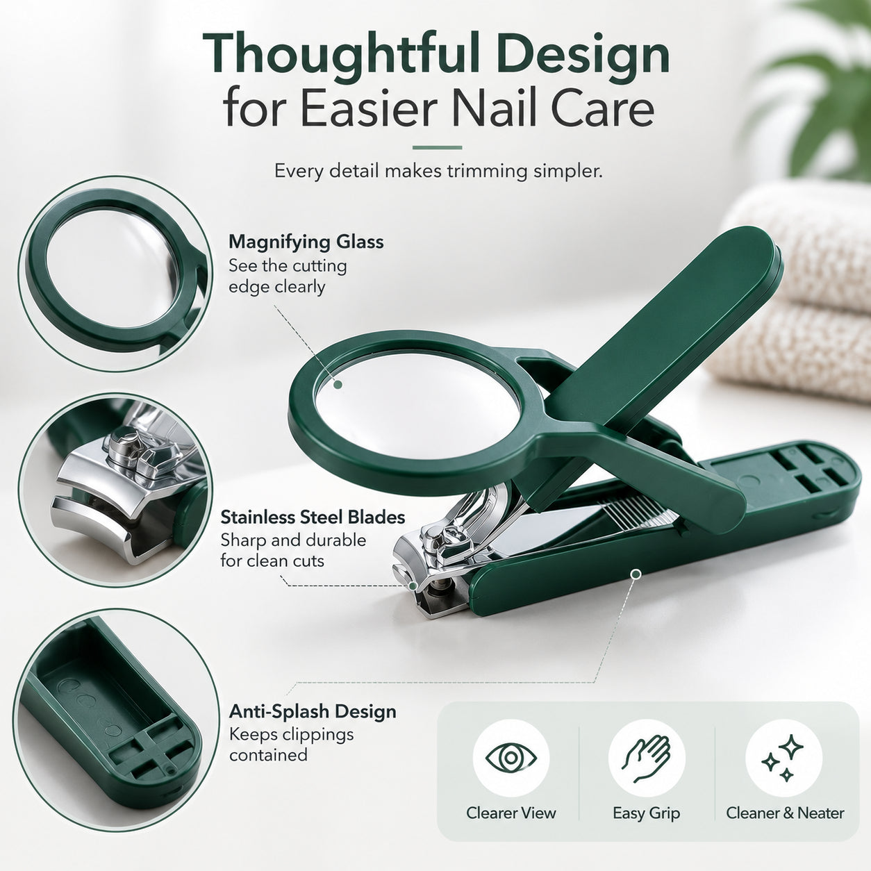 🔍Magnifying Precision Nail Clipper with Anti-Splash Guard & Easy Grip
