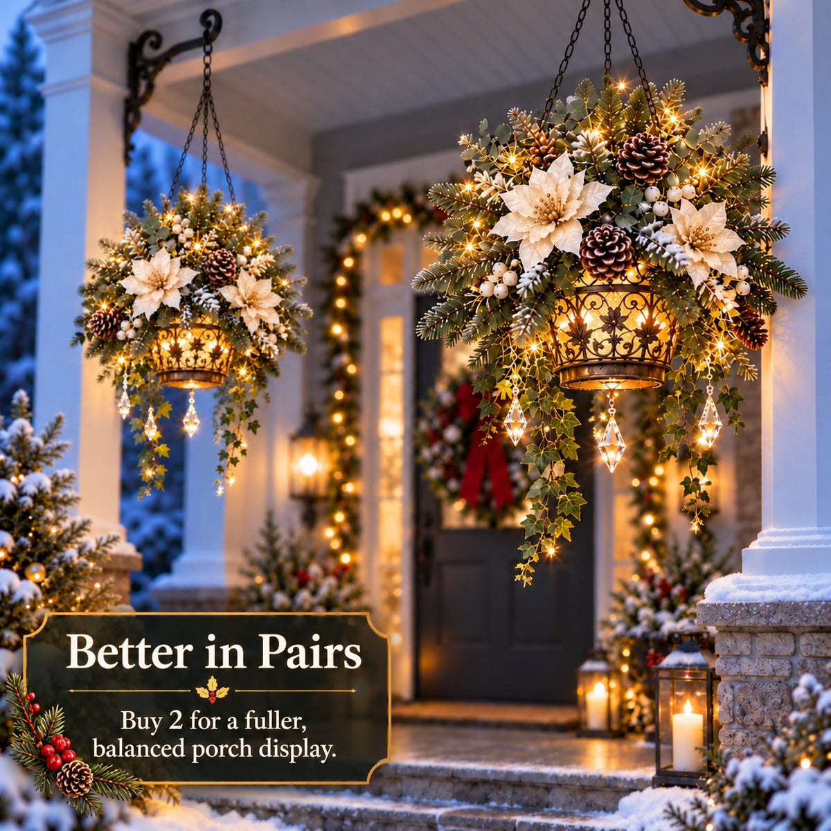 🎄✨ Light-Up Christmas Hanging Flower Basket – Pre-Lit Winter Floral Arrangement for Porch & Holiday Home Decor ❄️