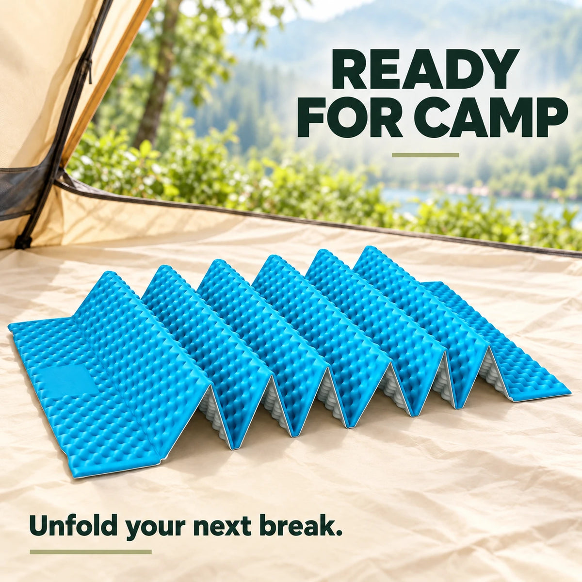 Sky-blue accordion foam mat on a tent floor at a campsite.