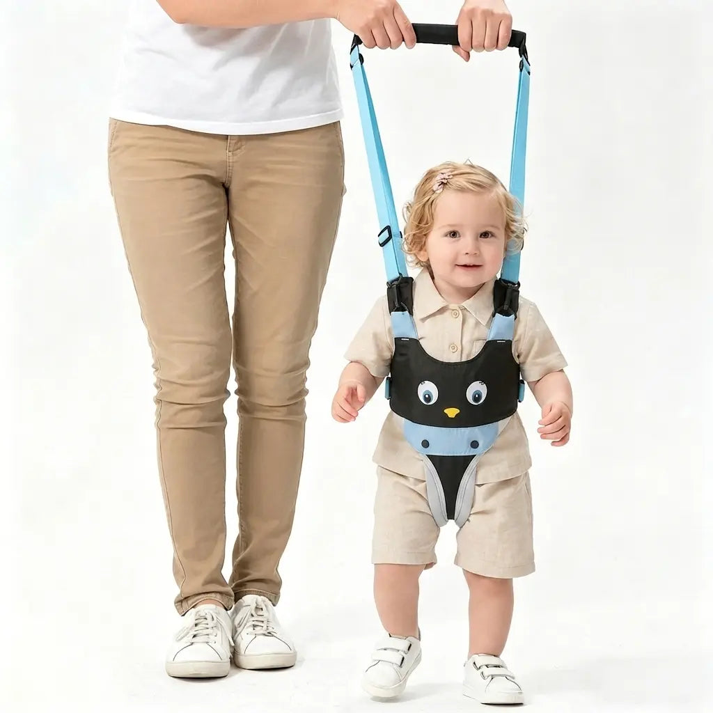 Black and blue baby walking harness in use
